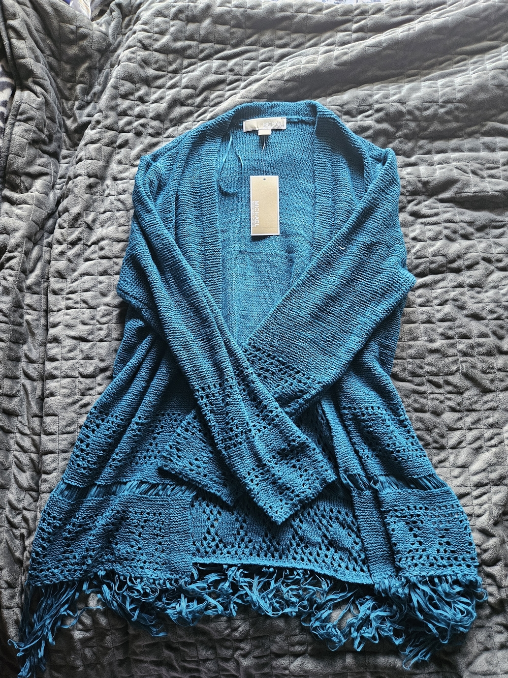 Blue Open-Front Fringe Knit Cardigan Sweater